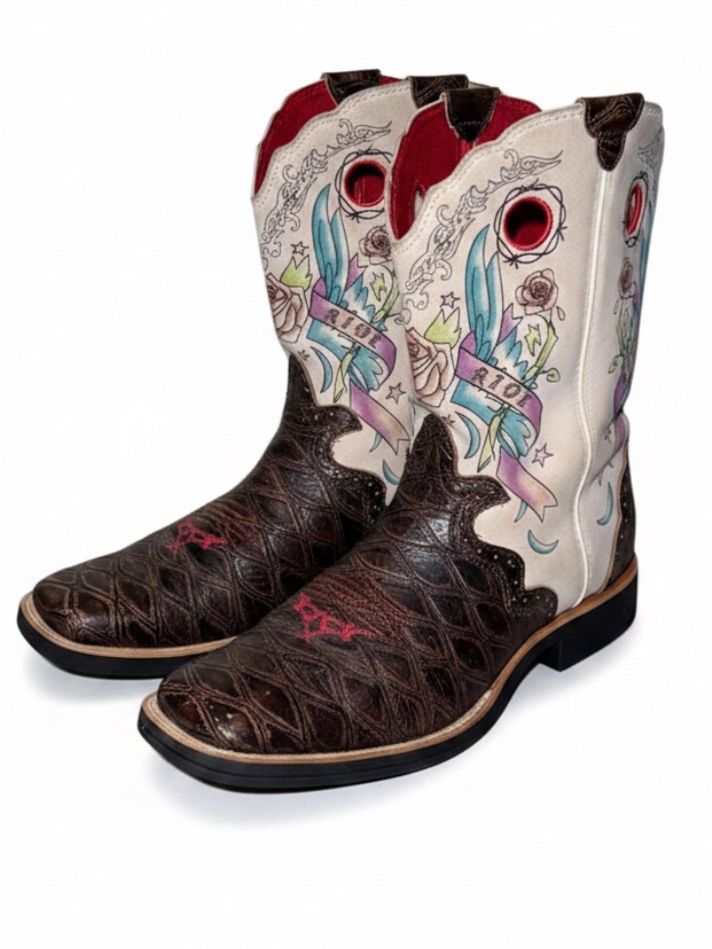 Ariat Boots Rodeobaby Rocker Distressed Brown Anteater Print Cream Tattoo Size 6